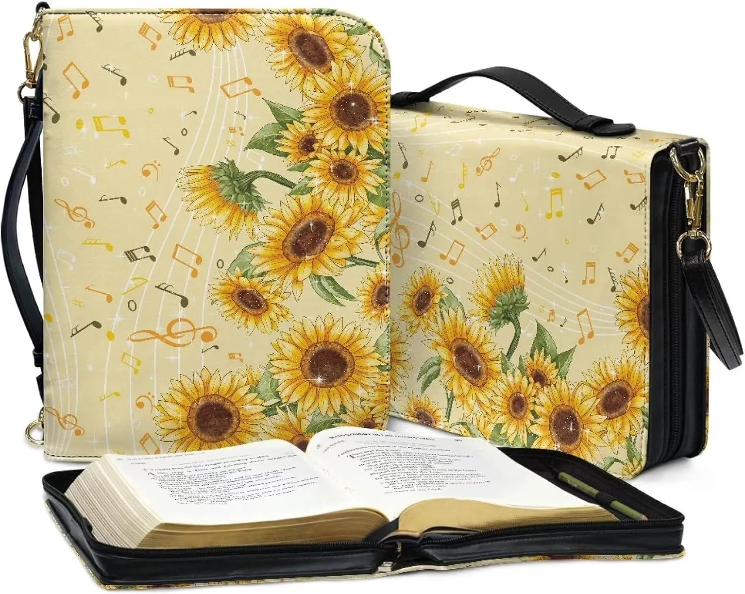 Bible Bag Case with Musical Notation Sunflower Pattern, Detachable Strap Bible Cover Church Study Book Carrier with Pockets Handle Zipper,XL