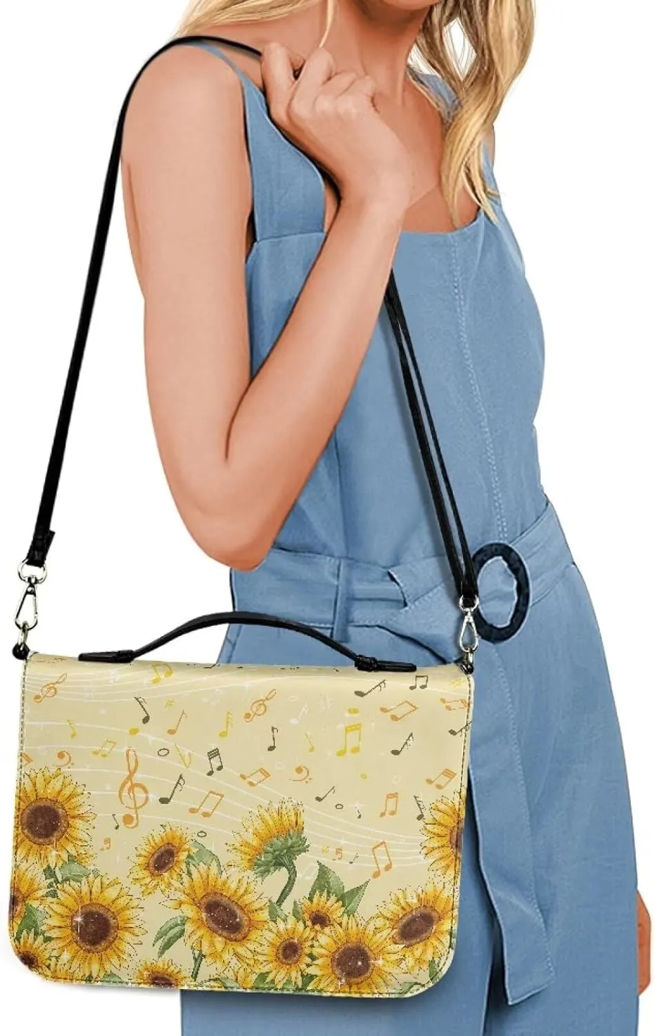 Bible Bag Case with Musical Notation Sunflower Pattern, Detachable Strap Bible Cover Church Study Book Carrier with Pockets Handle Zipper,XL