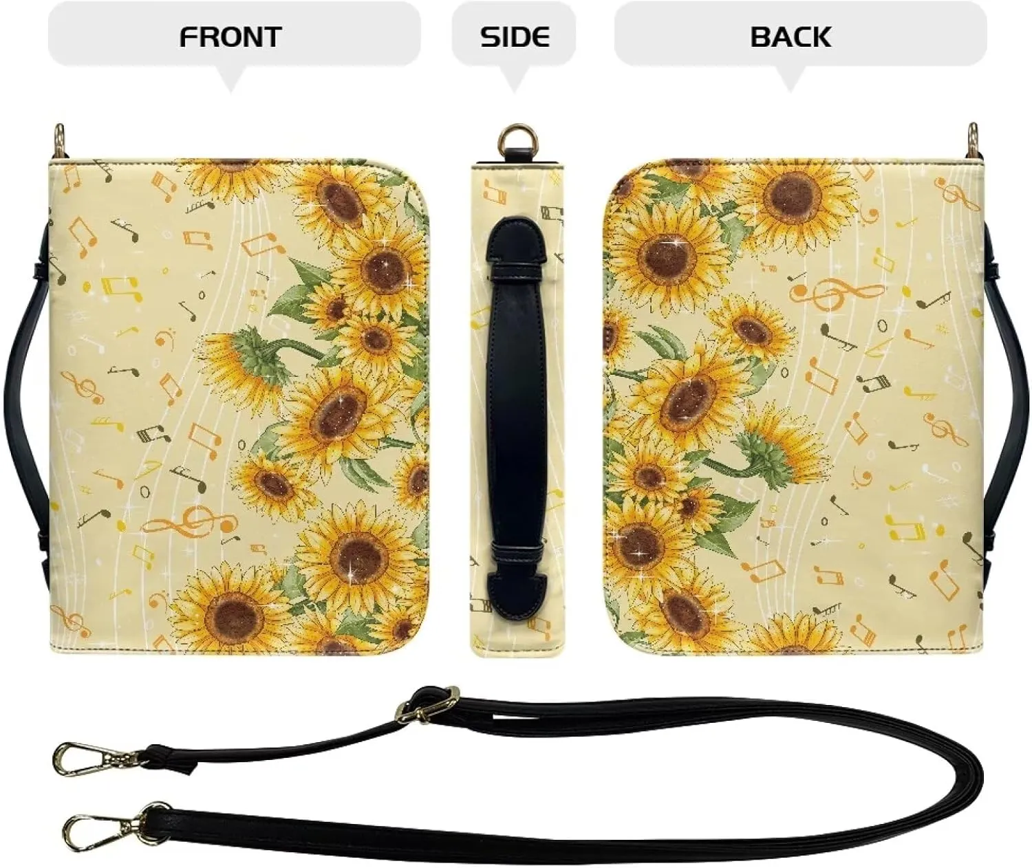 Bible Bag Case with Musical Notation Sunflower Pattern, Detachable Strap Bible Cover Church Study Book Carrier with Pockets Handle Zipper,XL