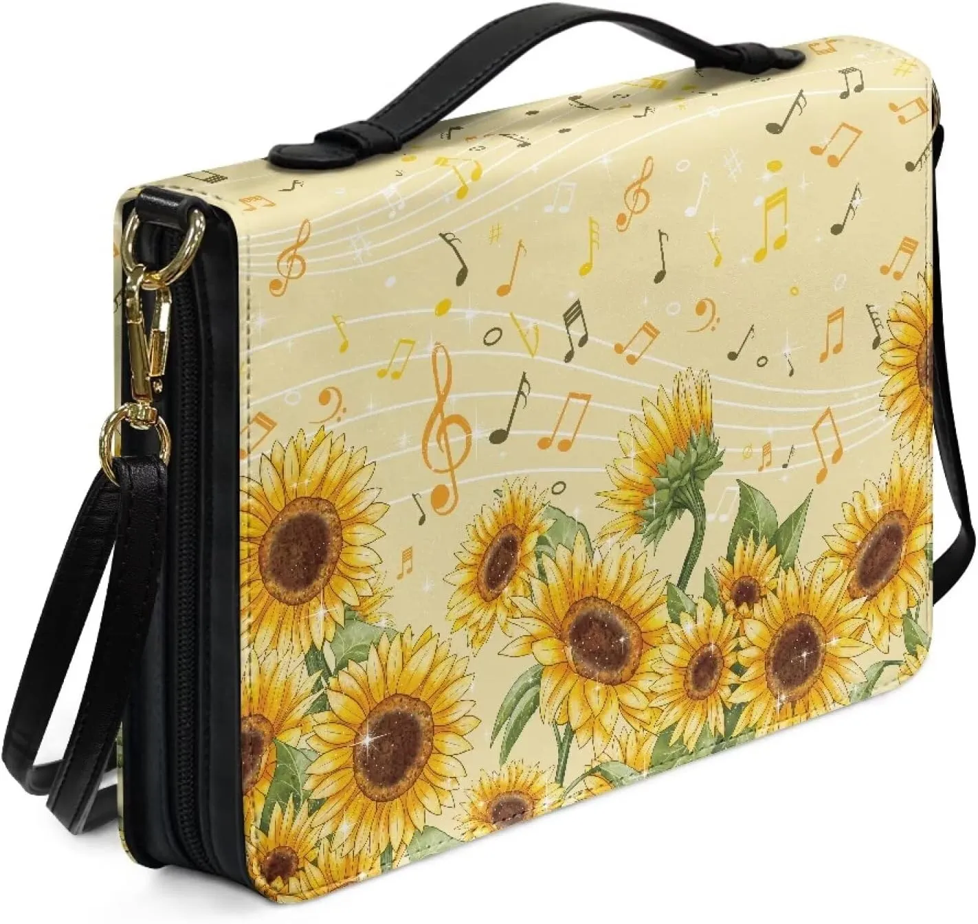 Bible Bag Case with Musical Notation Sunflower Pattern, Detachable Strap Bible Cover Church Study Book Carrier with Pockets Handle Zipper,XL