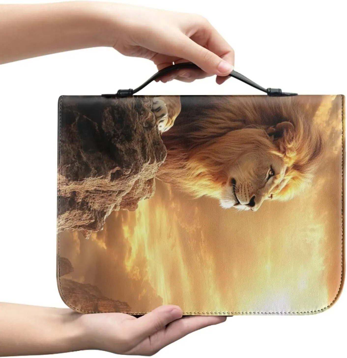 Bible Case for Girls Portable Handbag Bookmark with Handle and Zipper for Bible Study Commuter Pray Activity Business Briefcase Bible Bag for Friends,Lion Print