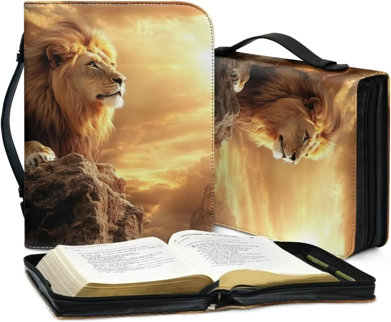 Bible Case for Girls Portable Handbag Bookmark with Handle and Zipper for Bible Study Commuter Pray Activity Business Briefcase Bible Bag for Friends,Lion Print