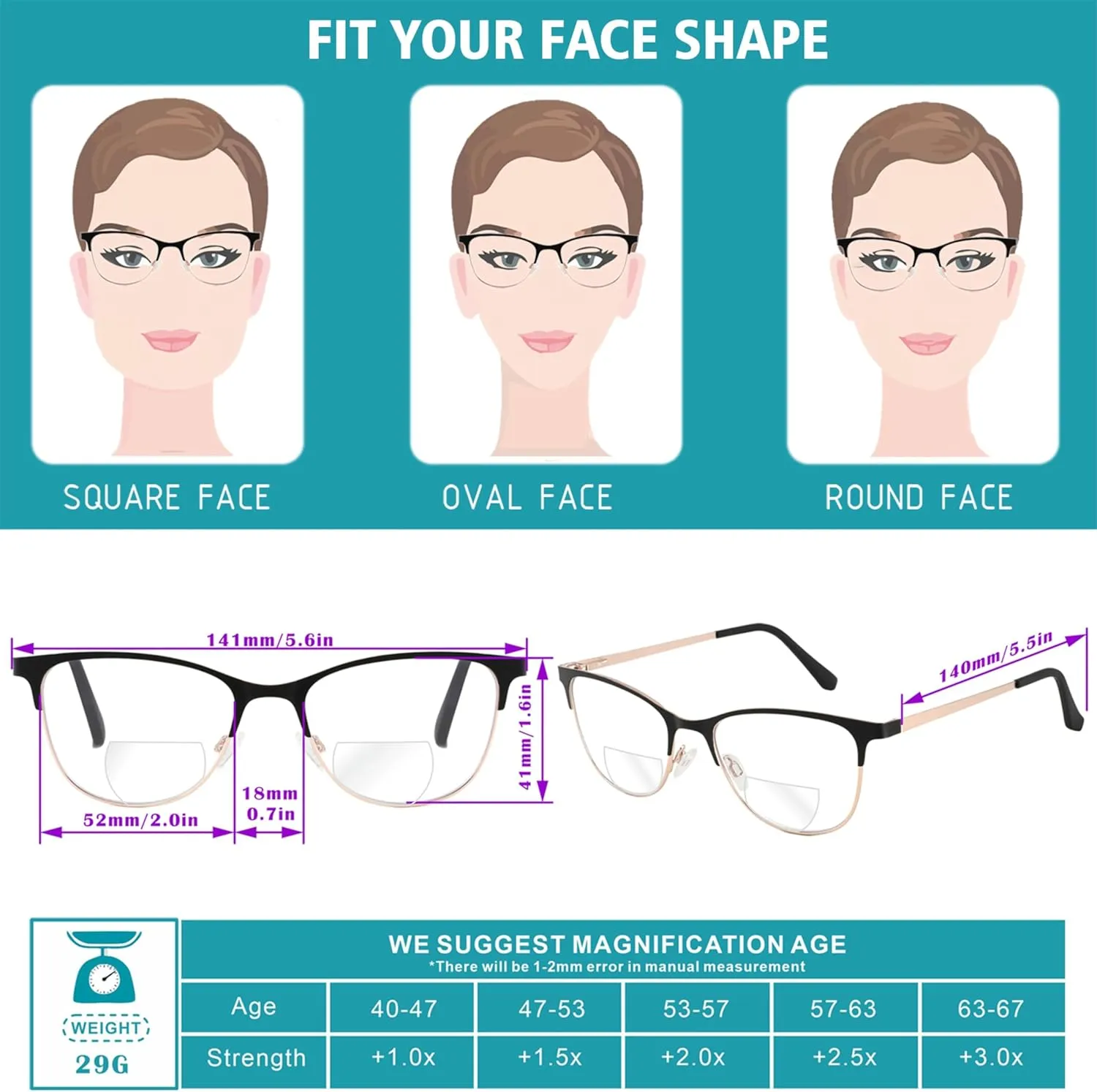 Bifocal Reading Glasses Women,Fashion Clear Top Cheaters Oversized Readers,Stylish Cat Eye Wide Ladies Eyeglasses