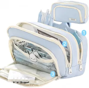 Big Capacity Pencil Case 3 Compartments Large Pencil Pouch Pen Bag Pencil Box Holder Organizer Simple Storage Aesthetic Stationery Cosmetic for Adults Men Women Office Essentials (Light Blue)