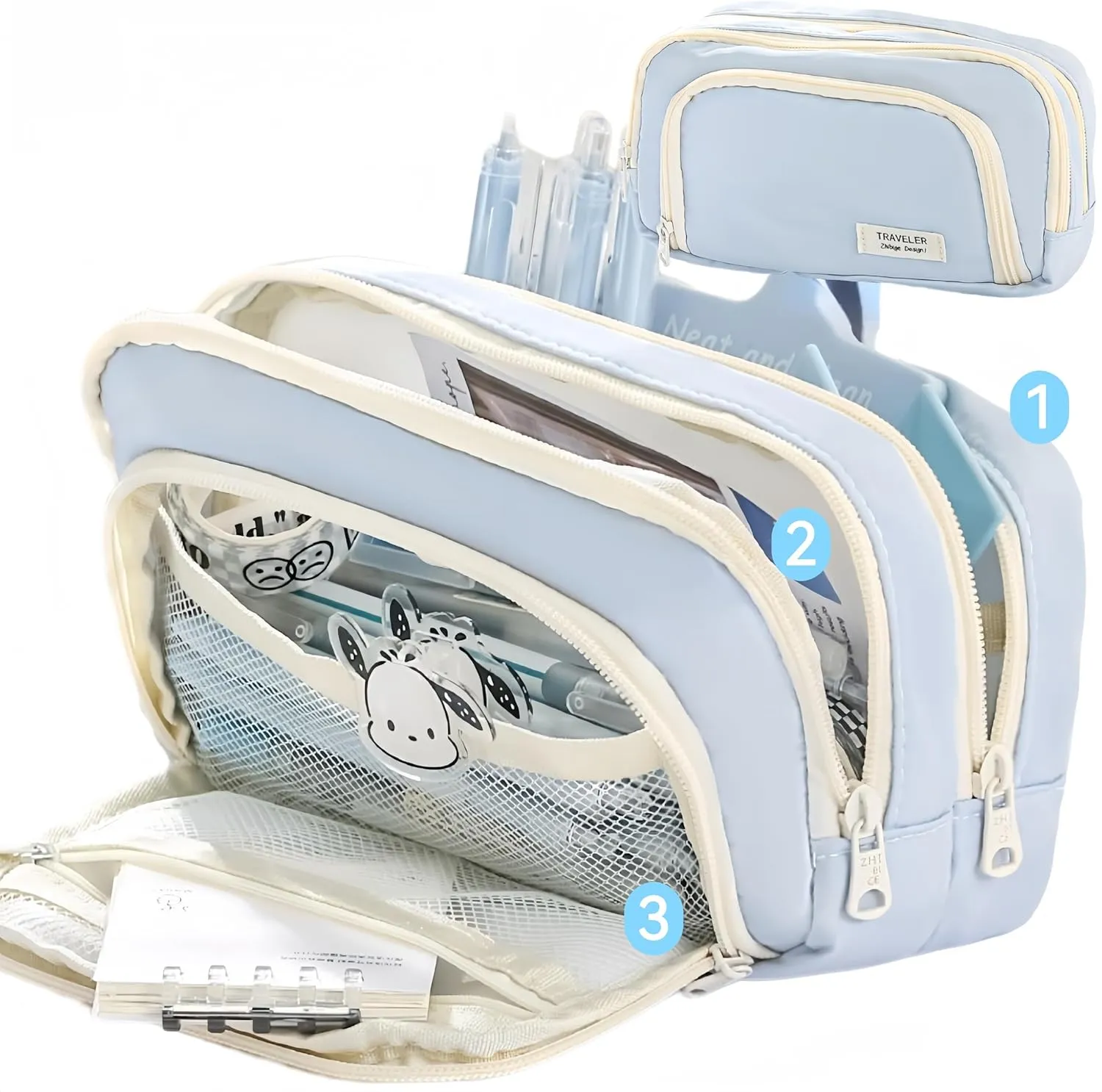 Big Capacity Pencil Case 3 Compartments Large Pencil Pouch Pen Bag Pencil Box Holder Organizer Simple Storage Aesthetic Stationery Cosmetic for Adults Men Women Office Essentials (Light Blue)