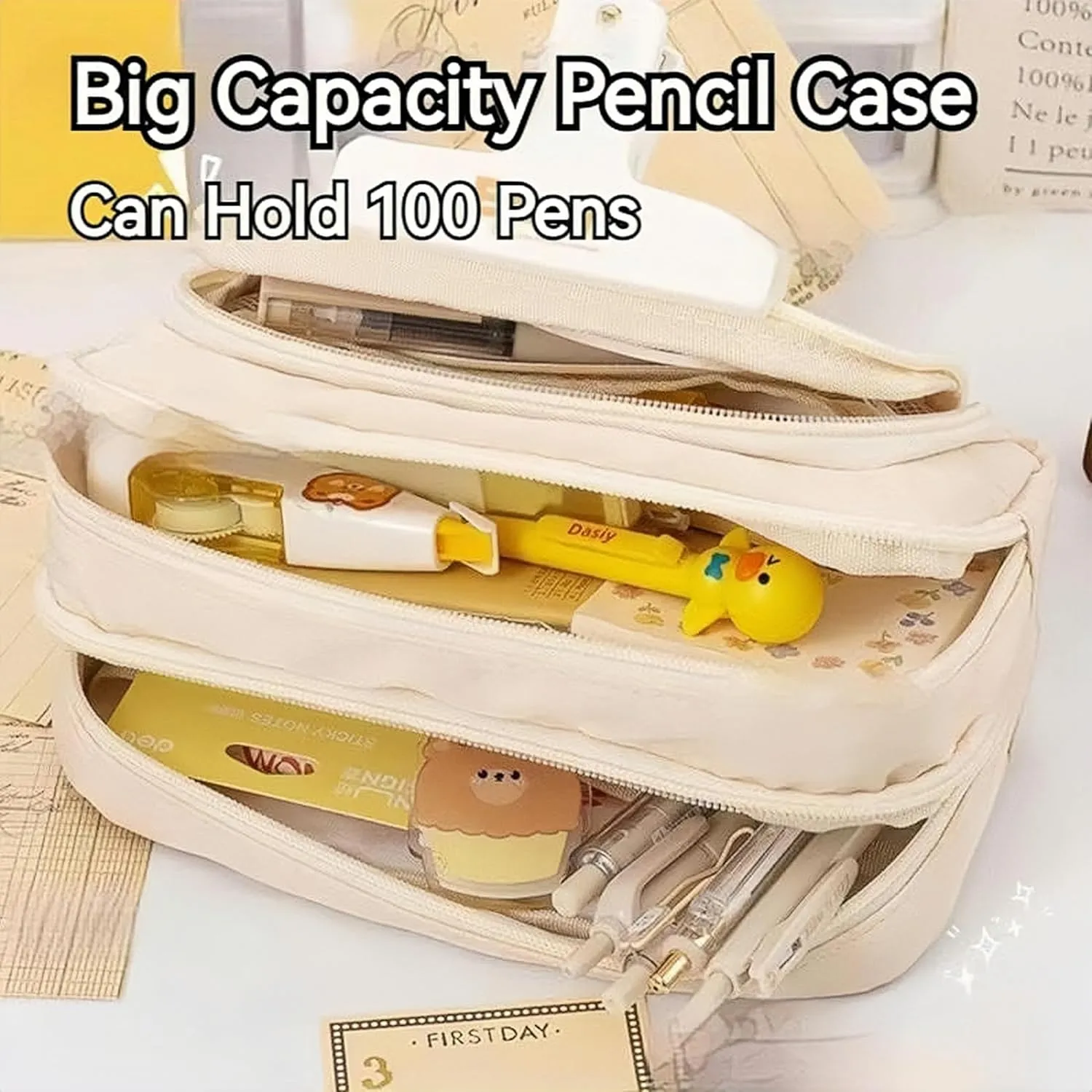 Big Capacity Pencil Case 3 Compartments Large Pencil Pouch Pen Bag Pencil Box Holder Organizer Simple Storage Aesthetic Stationery Cosmetic for Adults Men Women Office Essentials (Light Blue)