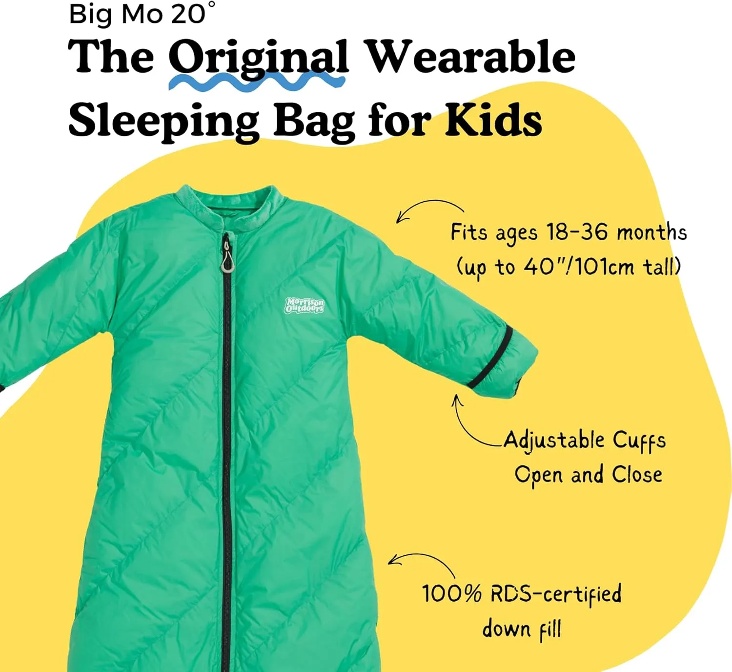 Big Mo 20 Kids Sleeping Bag (Ages 18-36mo), The Warmest 100% Down Camping Sleeping Bag for Kids Age 18-36 Months Old.