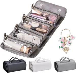 Binozinco Cosmetic Bag, Leather Waterproof Cosmetic Bag, Detachable 4 in 1 Roll up Makeup Bag, Hanging Cosmetic Travel Bag for Women(Gray)