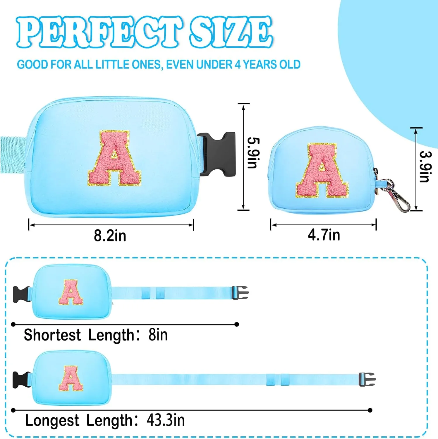 Birthday Gifts for 4 5 6 7 8 9 10 11 12 13 Year Old Girls, Crossbody Bags Fanny Pack with Initial Letter Patch Cute Stuff for Women Girls Teens (A, Blue)