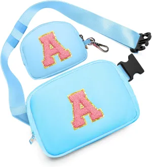 Birthday Gifts for 4 5 6 7 8 9 10 11 12 13 Year Old Girls, Crossbody Bags Fanny Pack with Initial Letter Patch Cute Stuff for Women Girls Teens (A, Blue)