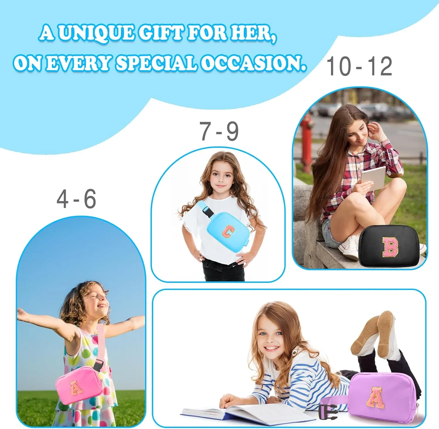 Birthday Gifts for 4 5 6 7 8 9 10 11 12 13 Year Old Girls, Crossbody Bags Fanny Pack with Initial Letter Patch Cute Stuff for Women Girls Teens (A, Blue)
