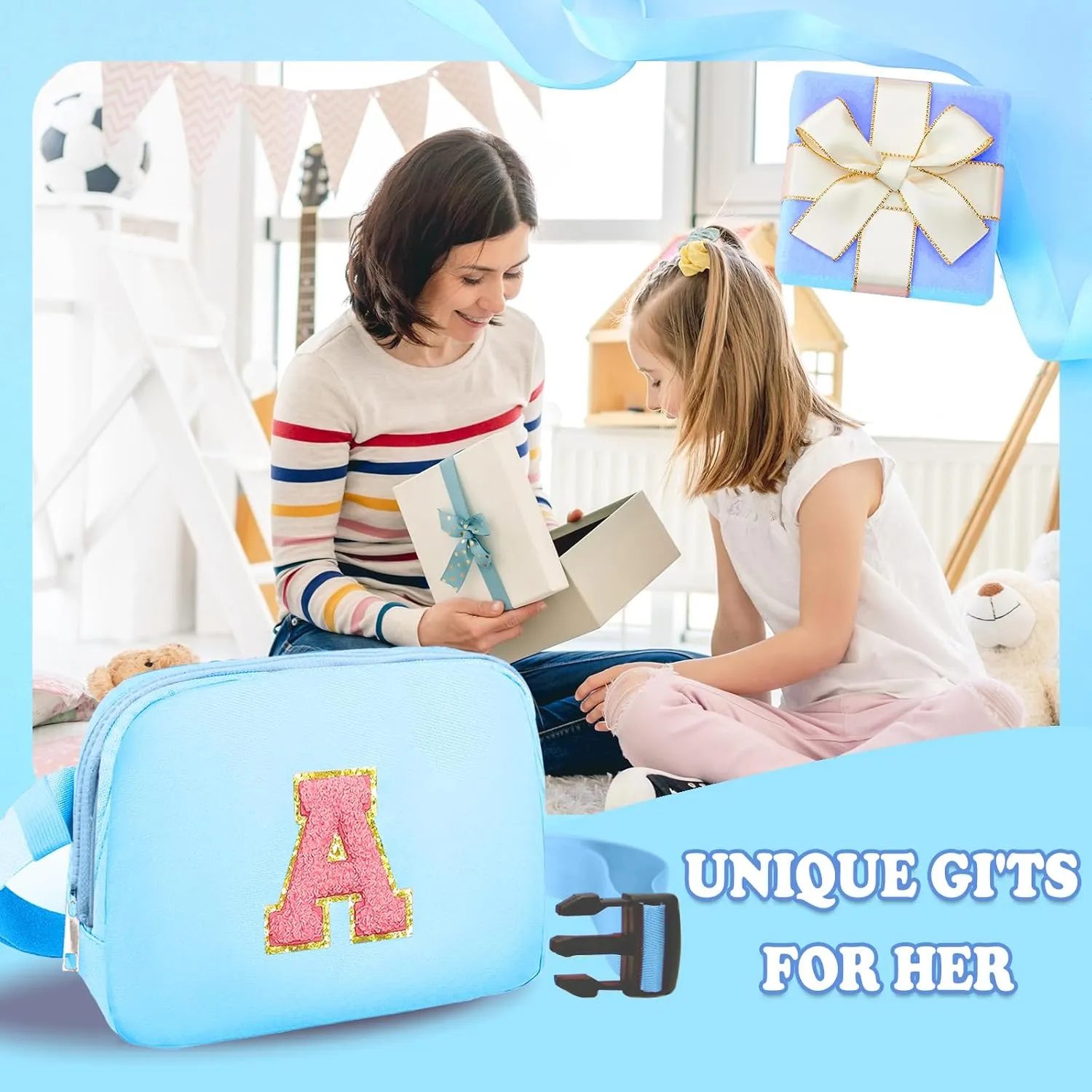 Birthday Gifts for 4 5 6 7 8 9 10 11 12 13 Year Old Girls, Crossbody Bags Fanny Pack with Initial Letter Patch Cute Stuff for Women Girls Teens (A, Blue)