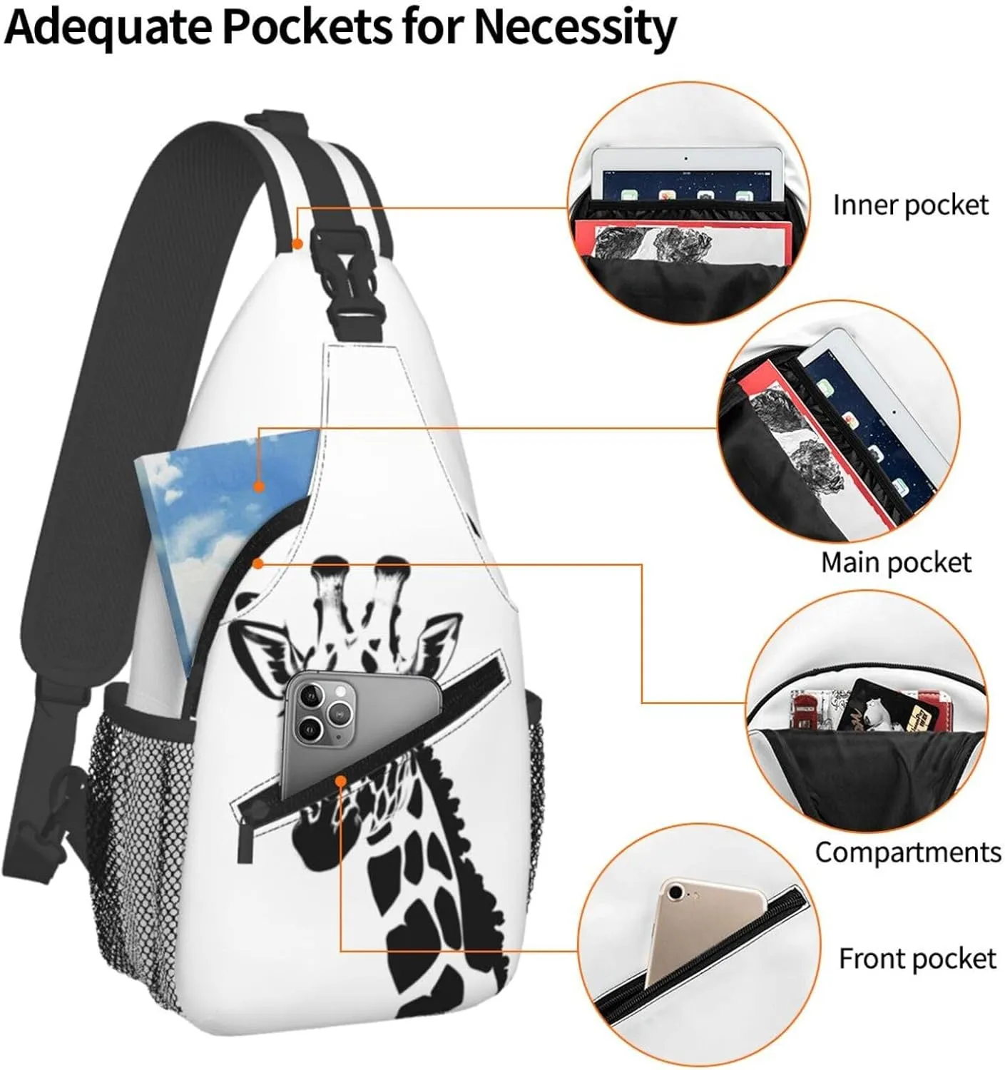 Black and white giraffe Print Men's Cross Chest Bag Diagonally, Cute Crossbody Shoulder Backpack, 7.5" L x 3.5" W x 15.3" H