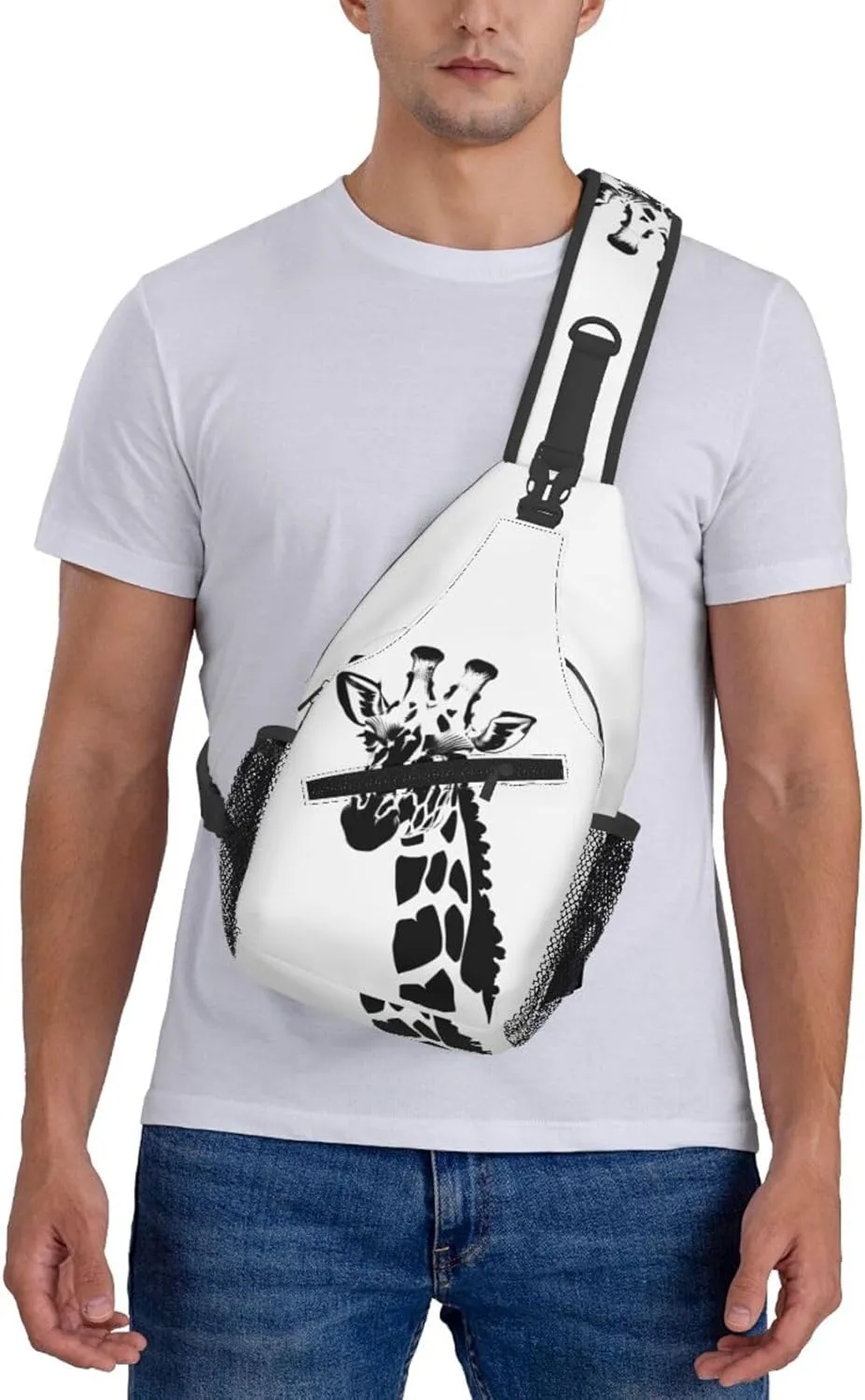 Black and white giraffe Print Men's Cross Chest Bag Diagonally, Cute Crossbody Shoulder Backpack, 7.5" L x 3.5" W x 15.3" H