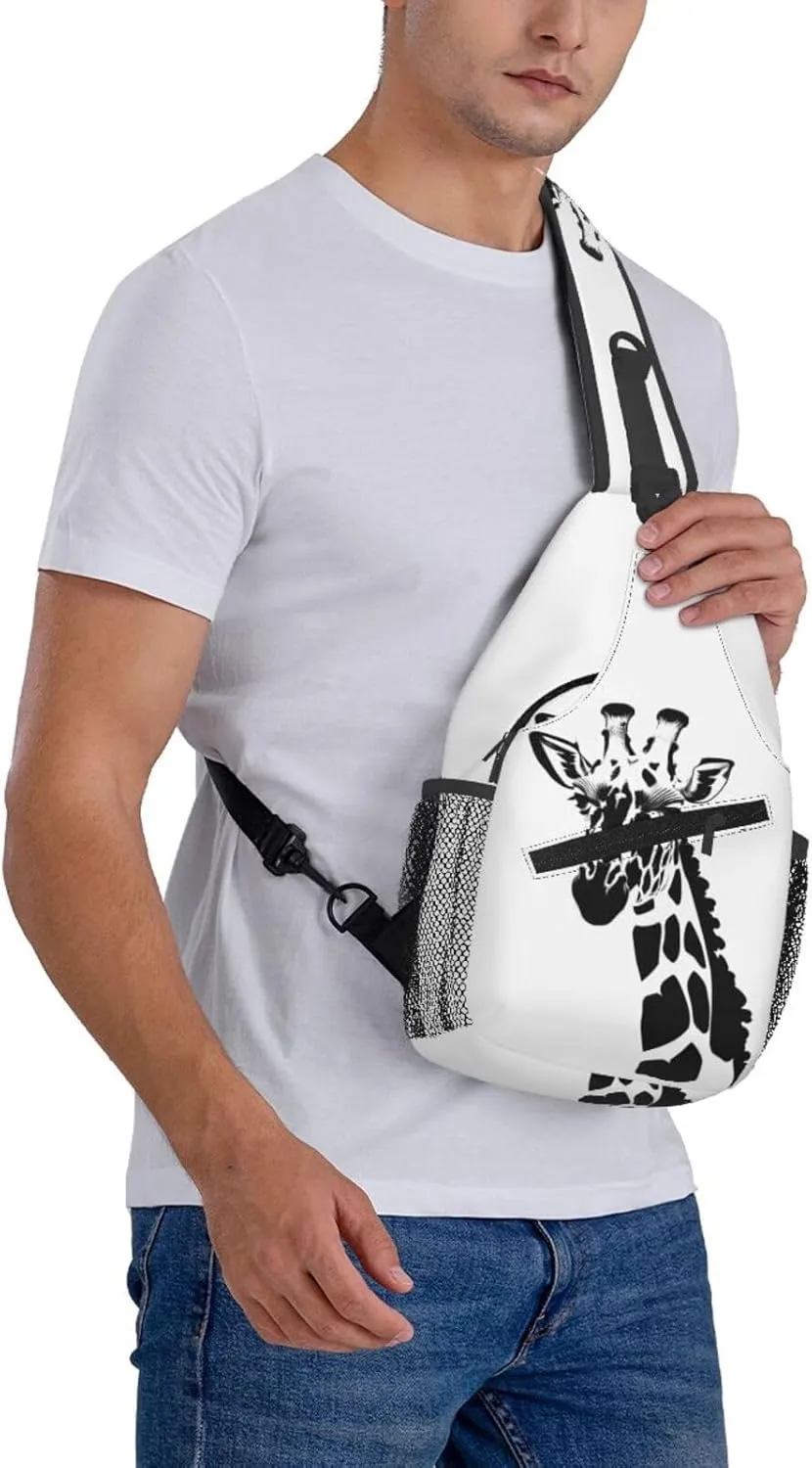Black and white giraffe Print Men's Cross Chest Bag Diagonally, Cute Crossbody Shoulder Backpack, 7.5" L x 3.5" W x 15.3" H