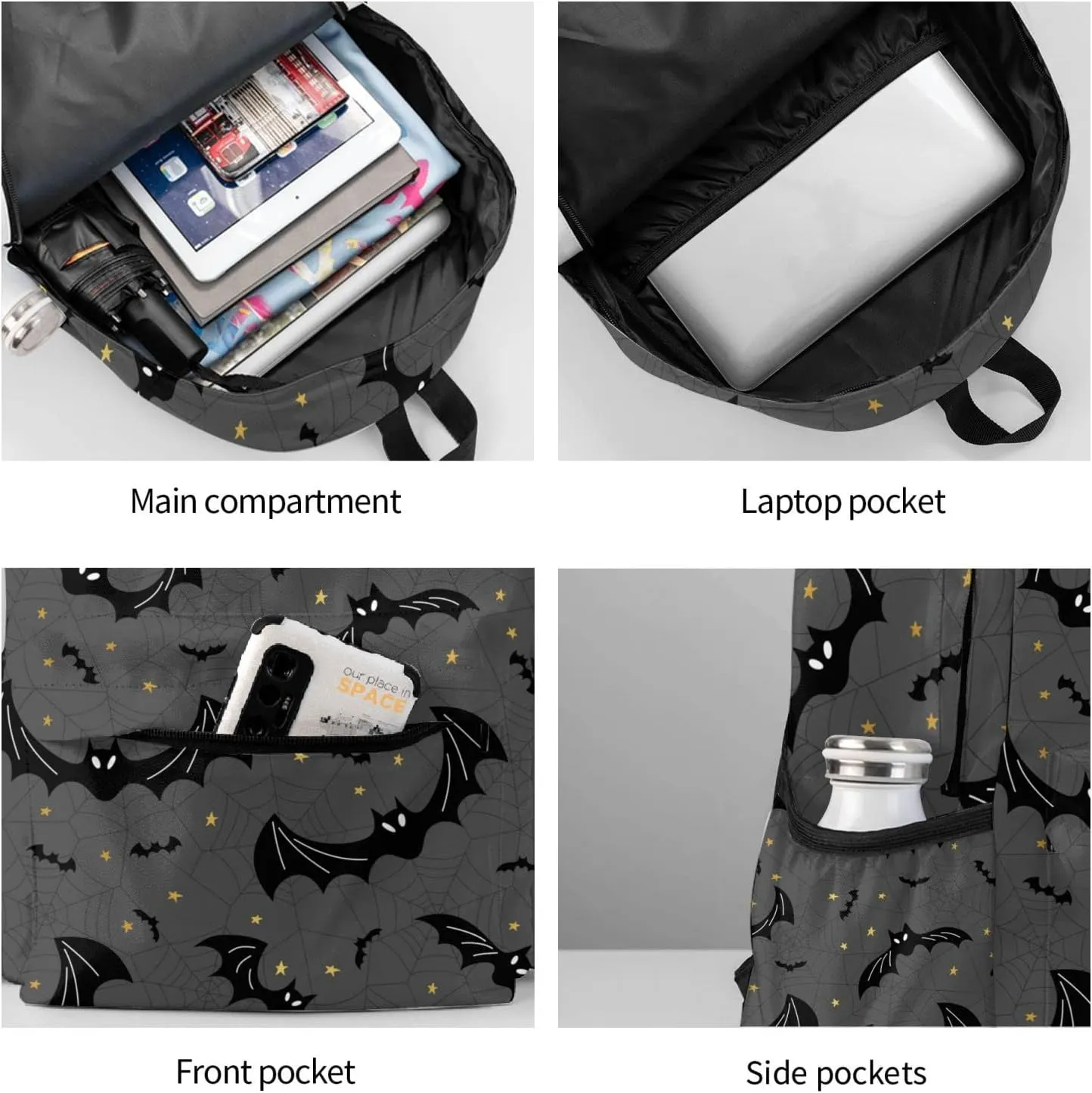Black Bats Spider Web Large Capacity Backpack Lightweight Personalized Laptop Bag Tablet Travel School Bag with Multiple Pockets