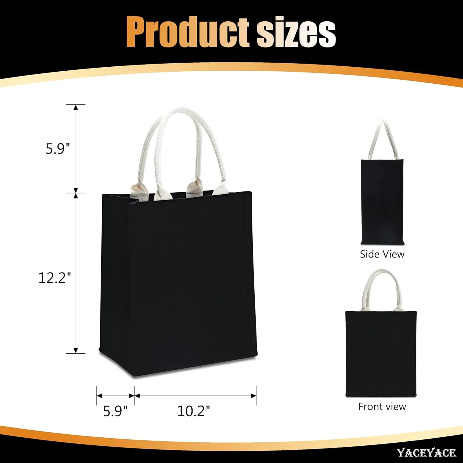 Black Canvas Tote Bags - 12"x6"x10" for Work, Travel, Crafts, Beach