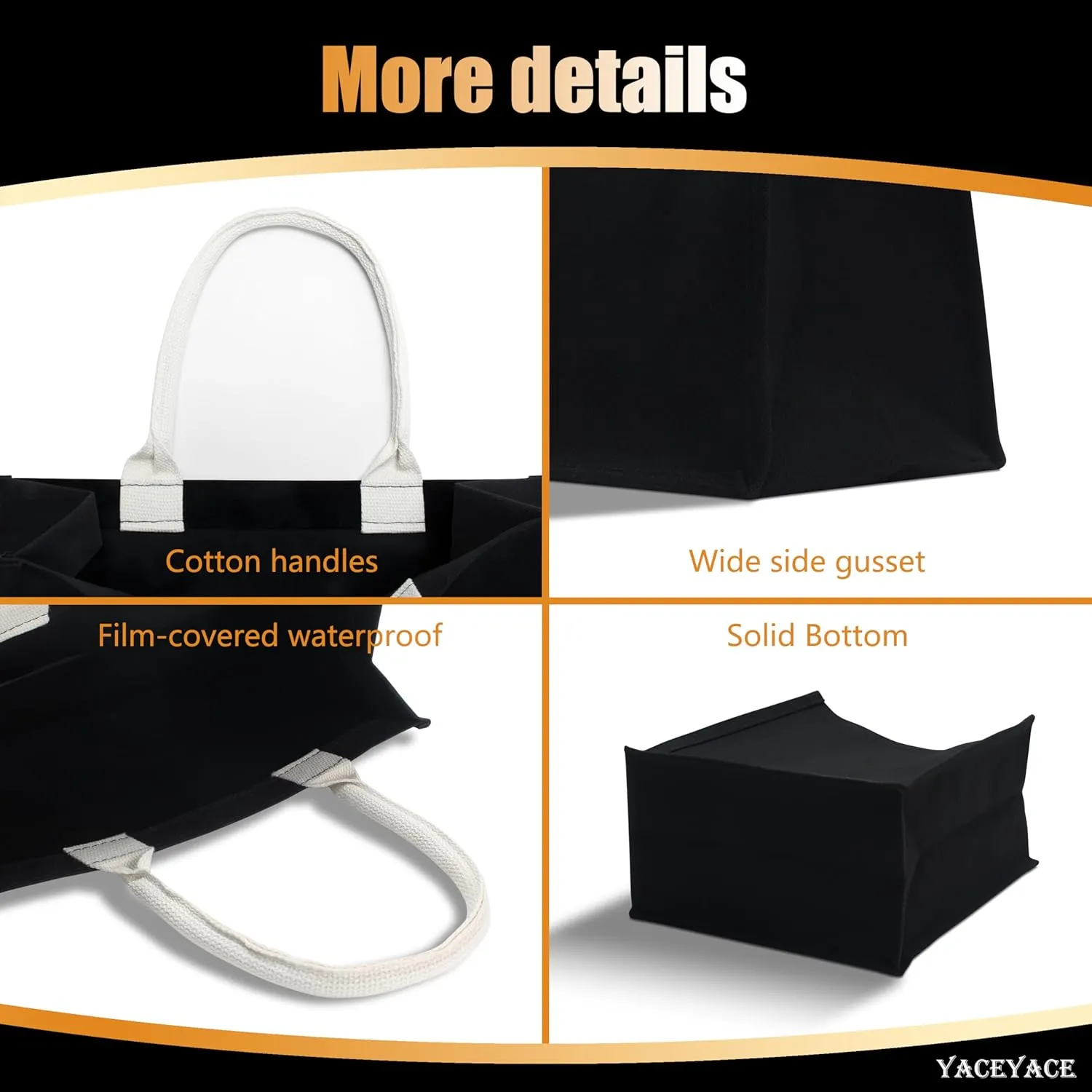 Black Canvas Tote Bags - 12"x6"x10" for Work, Travel, Crafts, Beach