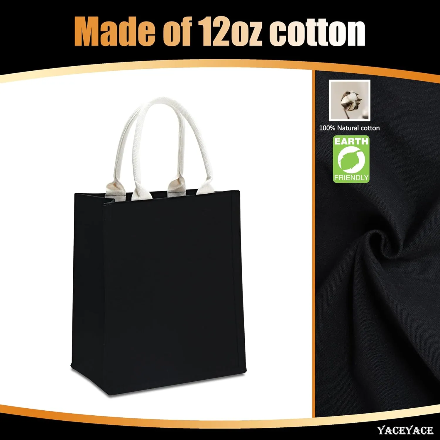 Black Canvas Tote Bags - 12"x6"x10" for Work, Travel, Crafts, Beach