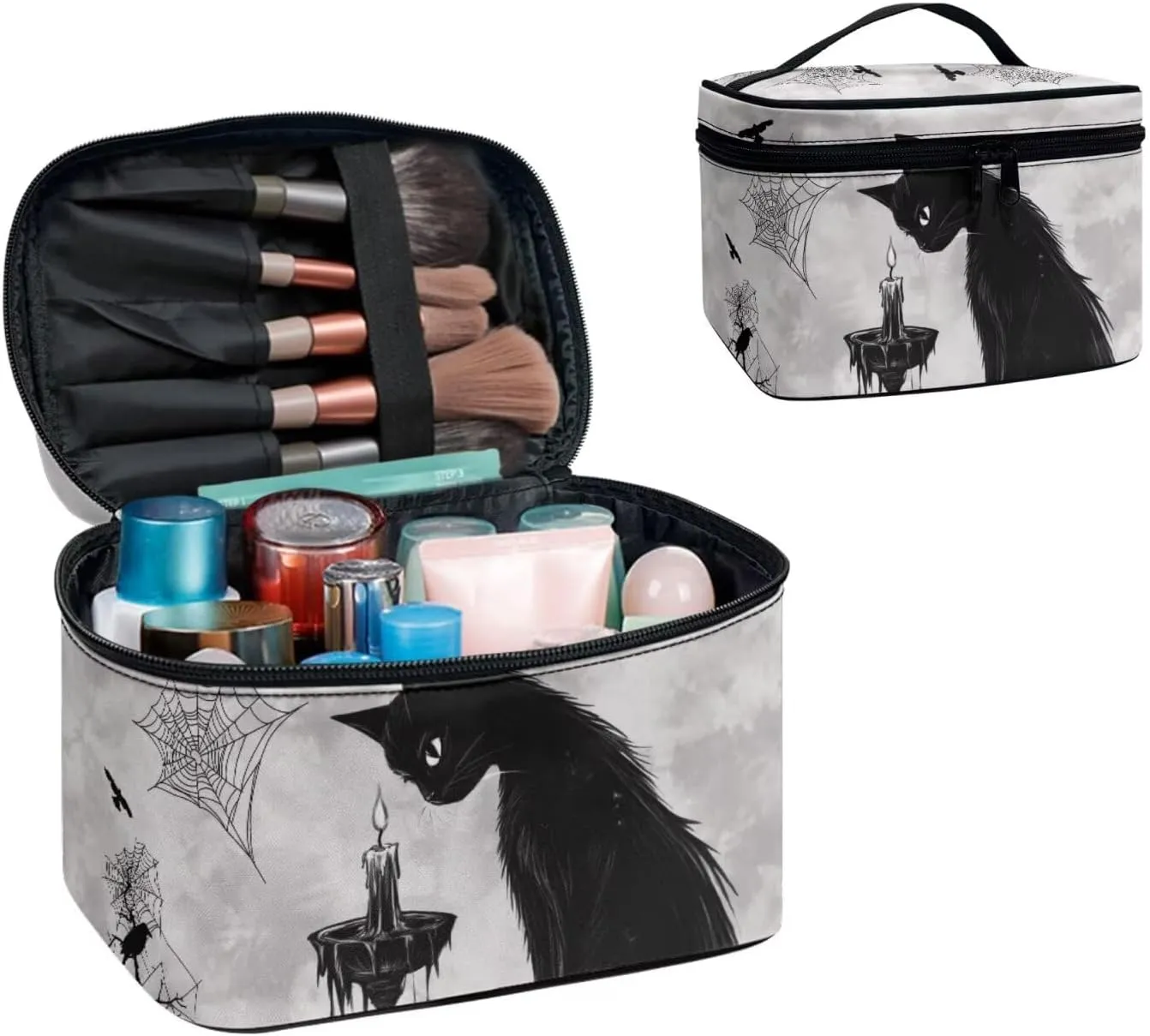 Black Cat Candle Print Travel Toiletry Bag Kit Makeup Case for Women, Gothic Forest Spider Web Dopp Kit Zipper Cosmetic Organizer Brush Holder Makeup Bag