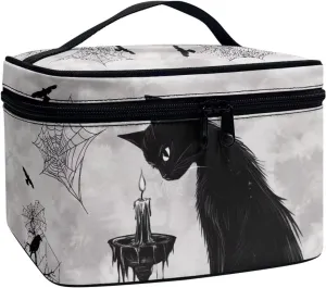 Black Cat Candle Print Travel Toiletry Bag Kit Makeup Case for Women, Gothic Forest Spider Web Dopp Kit Zipper Cosmetic Organizer Brush Holder Makeup Bag