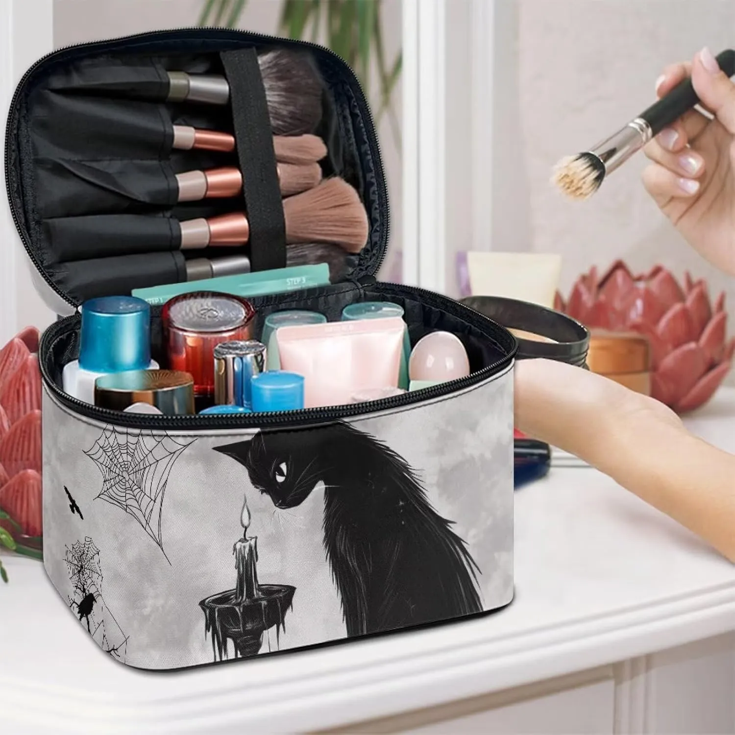 Black Cat Candle Print Travel Toiletry Bag Kit Makeup Case for Women, Gothic Forest Spider Web Dopp Kit Zipper Cosmetic Organizer Brush Holder Makeup Bag