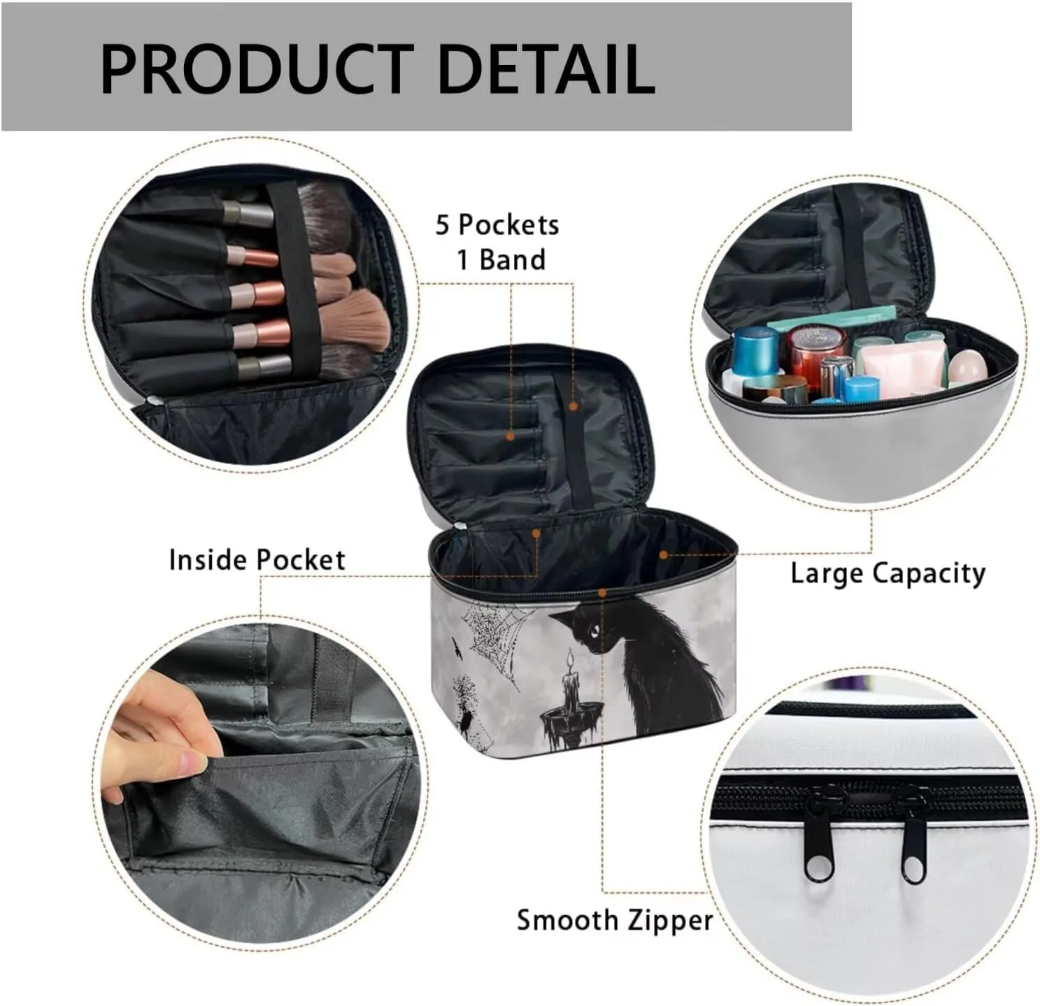 Black Cat Candle Print Travel Toiletry Bag Kit Makeup Case for Women, Gothic Forest Spider Web Dopp Kit Zipper Cosmetic Organizer Brush Holder Makeup Bag