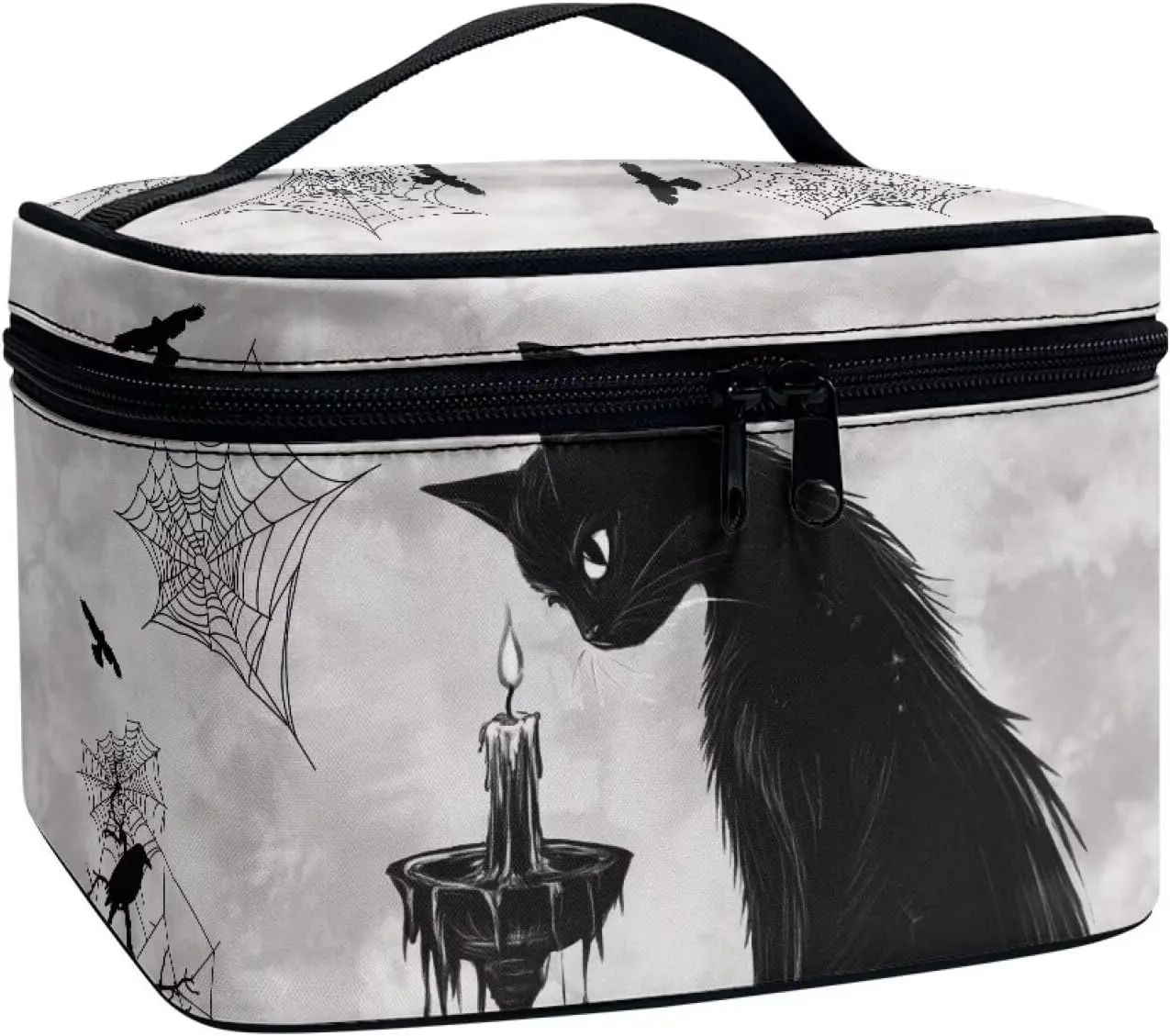 Black Cat Candle Print Travel Toiletry Bag Kit Makeup Case for Women, Gothic Forest Spider Web Dopp Kit Zipper Cosmetic Organizer Brush Holder Makeup Bag
