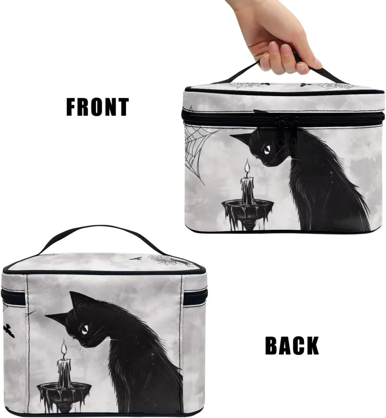 Black Cat Candle Print Travel Toiletry Bag Kit Makeup Case for Women, Gothic Forest Spider Web Dopp Kit Zipper Cosmetic Organizer Brush Holder Makeup Bag