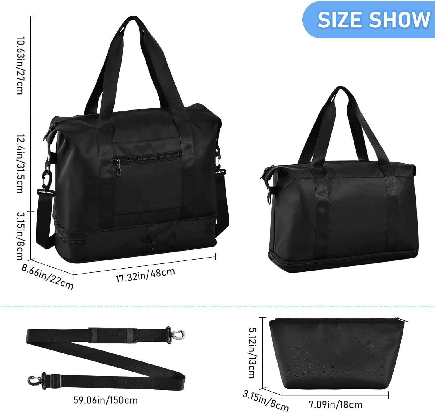Black Gym Bag for Women and Men Travel Duffel Sports Duffel Luggage Bags with Wet Pocket Waterproof 20810