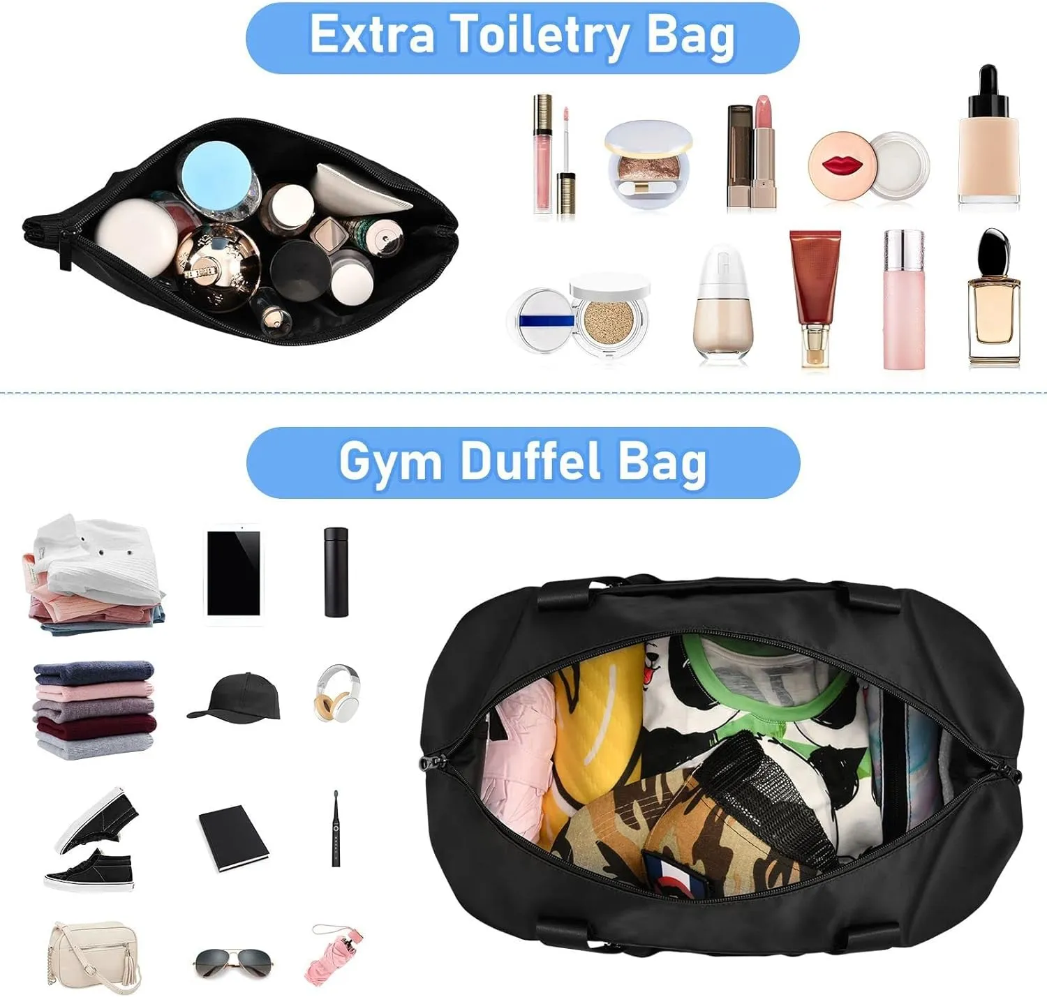 Black Gym Bag for Women and Men Travel Duffel Sports Duffel Luggage Bags with Wet Pocket Waterproof 20810