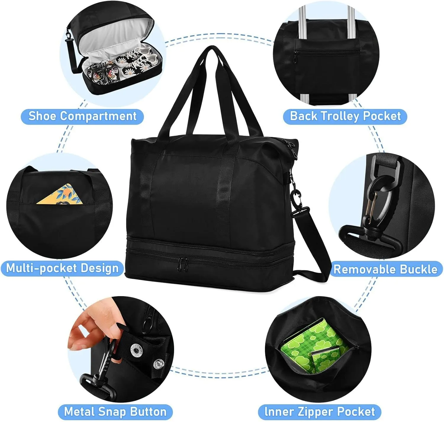 Black Gym Bag for Women and Men Travel Duffel Sports Duffel Luggage Bags with Wet Pocket Waterproof 20810