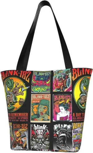Blink Classic Rock 182 Reusable Grocery Bag Shopping Bags Tote Bags with Zipper Woman's Shoulder Bag for Workout Storage Bag Convenient Daily Bag Large Capacity Handbag for Kitchen, Black