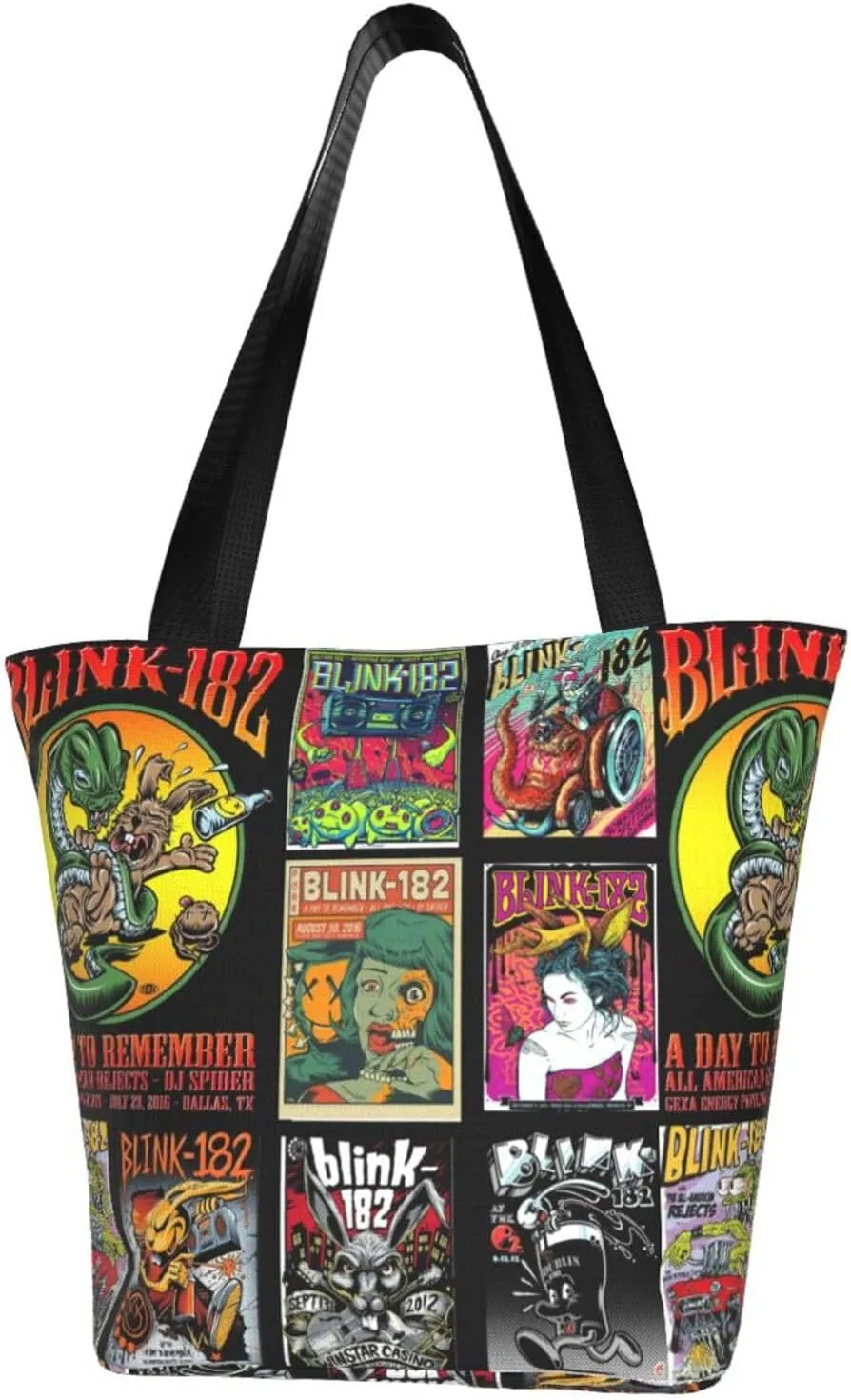 Blink Classic Rock 182 Reusable Grocery Bag Shopping Bags Tote Bags with Zipper Woman's Shoulder Bag for Workout Storage Bag Convenient Daily Bag Large Capacity Handbag for Kitchen, Black