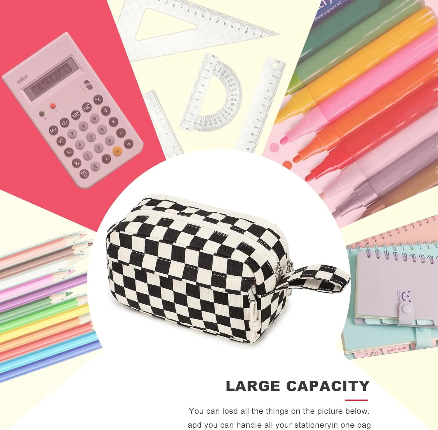 Bluboon Big Capacity Pencil Case Pouch Pen Case School Supplies - Cute Pencil Box Bag for Teen Girls Boys Women Man (Black White Checked)