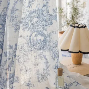 Blue and White Floral Semi Sheer Curtains Linen Textured for Living Room 84 inches Long 2 Panels Rod Pocket Light Filtering Window Drapes for Bedroom Dining