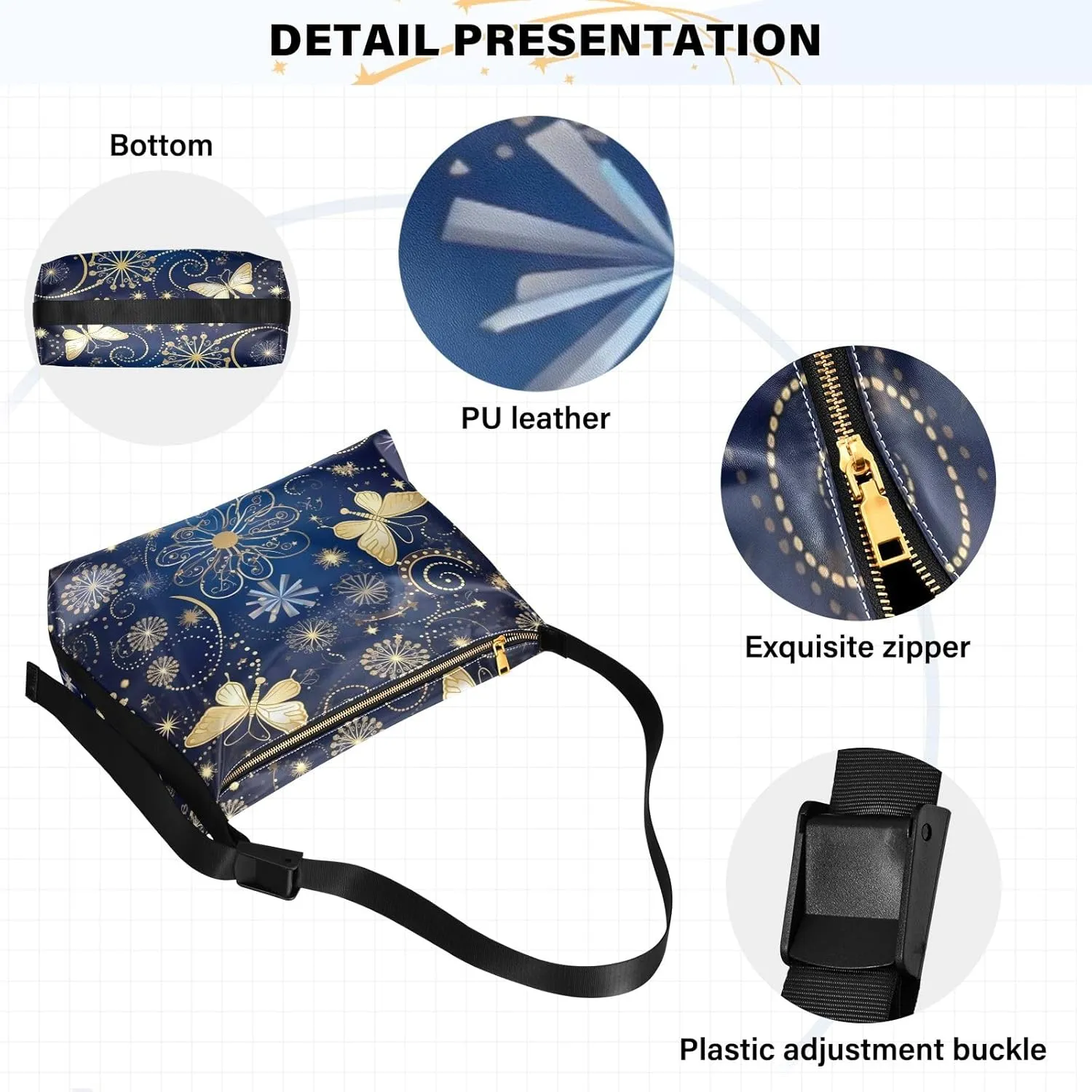 Blue Butterflies on White Woman Shoulder Bag, Vegan Crossbody Bag, Vegan Shoulder Bag