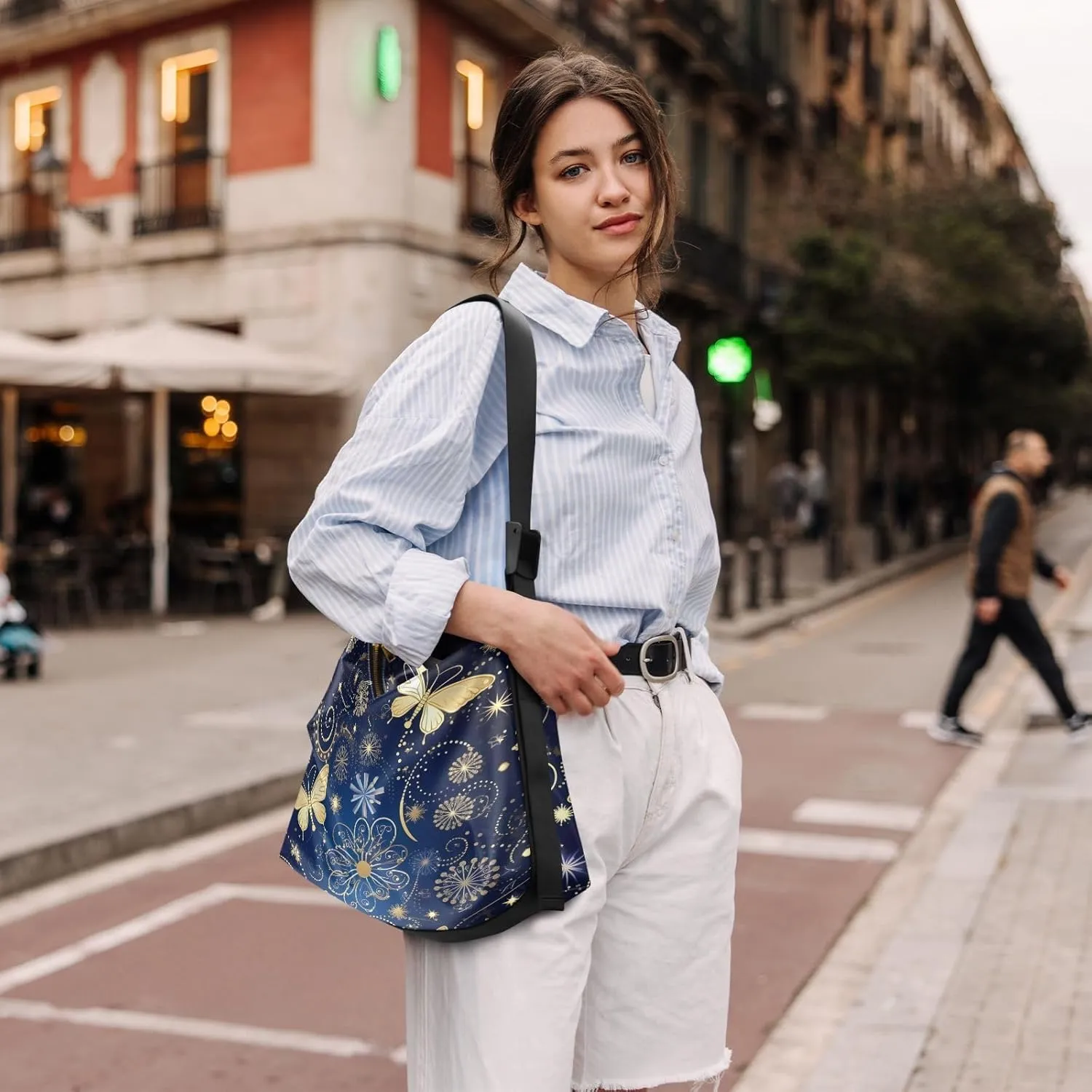 Blue Butterflies on White Woman Shoulder Bag, Vegan Crossbody Bag, Vegan Shoulder Bag