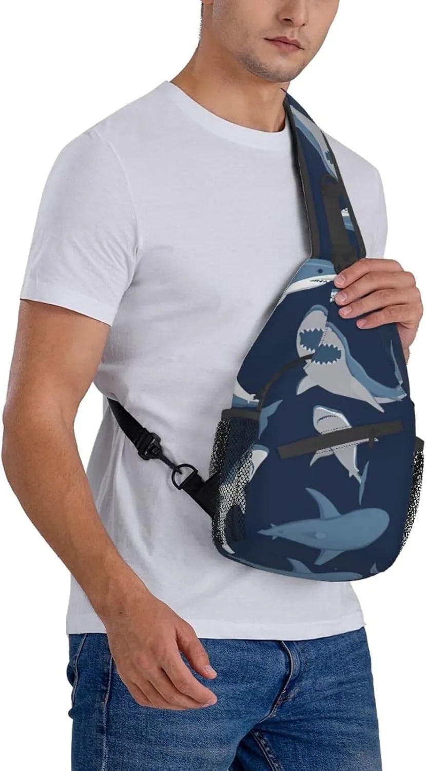 Blue Cartoon Shark Shoulder Bag Crossbody Backpack Chest Bag Lightweight Sling Daypackstravel Hiking Cycling For Men Women