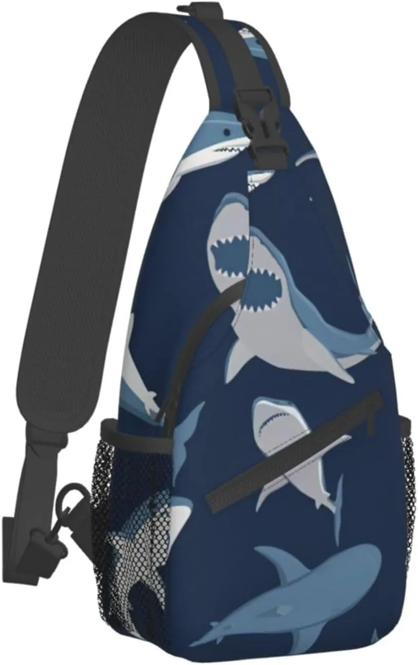 Blue Cartoon Shark Shoulder Bag Crossbody Backpack Chest Bag Lightweight Sling Daypackstravel Hiking Cycling For Men Women