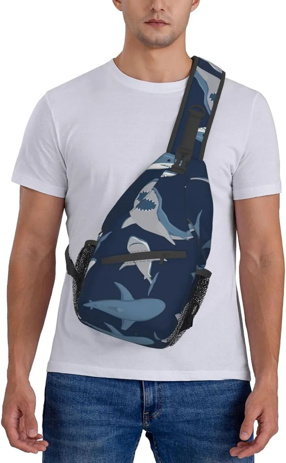 Blue Cartoon Shark Shoulder Bag Crossbody Backpack Chest Bag Lightweight Sling Daypackstravel Hiking Cycling For Men Women