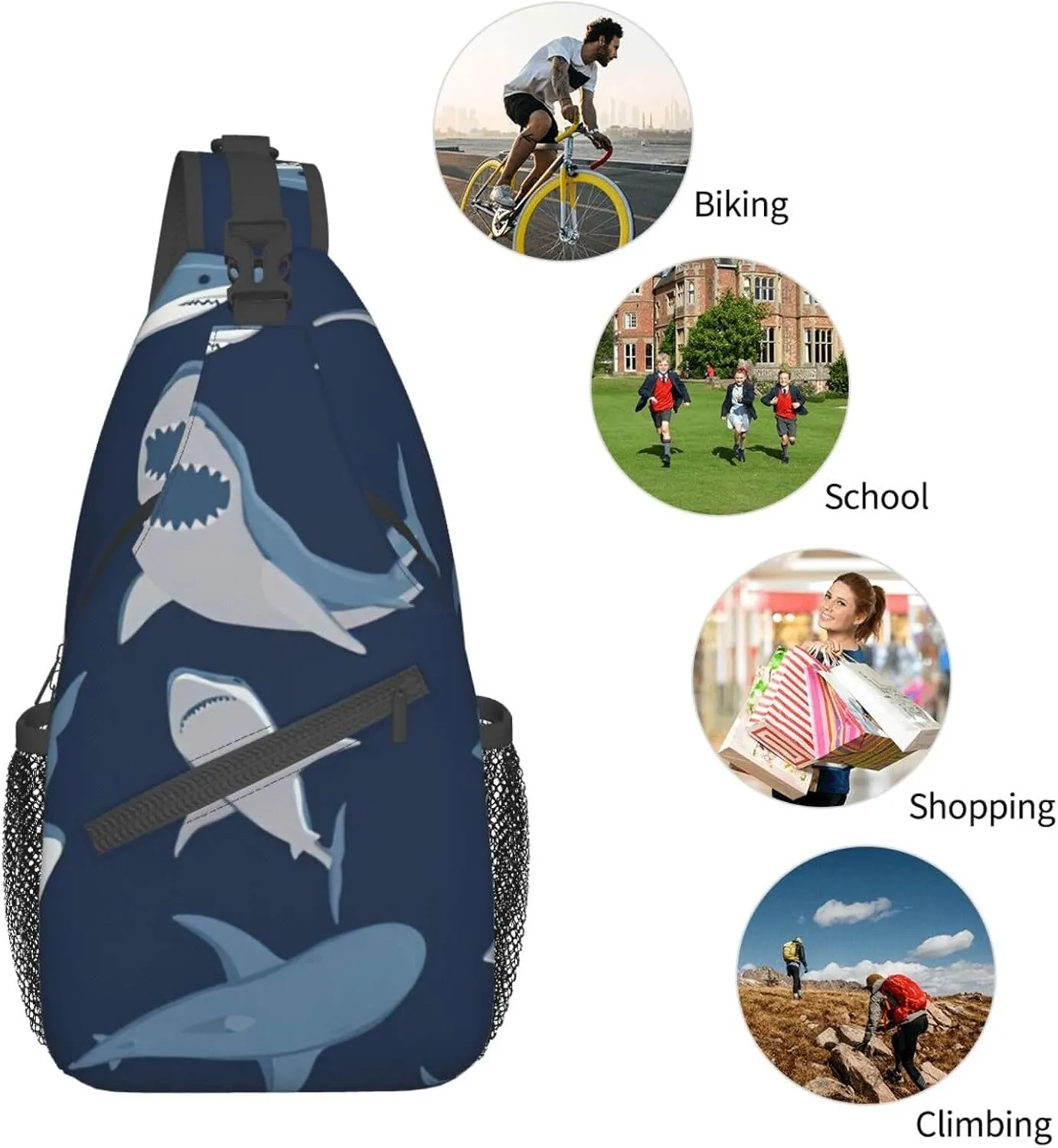 Blue Cartoon Shark Shoulder Bag Crossbody Backpack Chest Bag Lightweight Sling Daypackstravel Hiking Cycling For Men Women