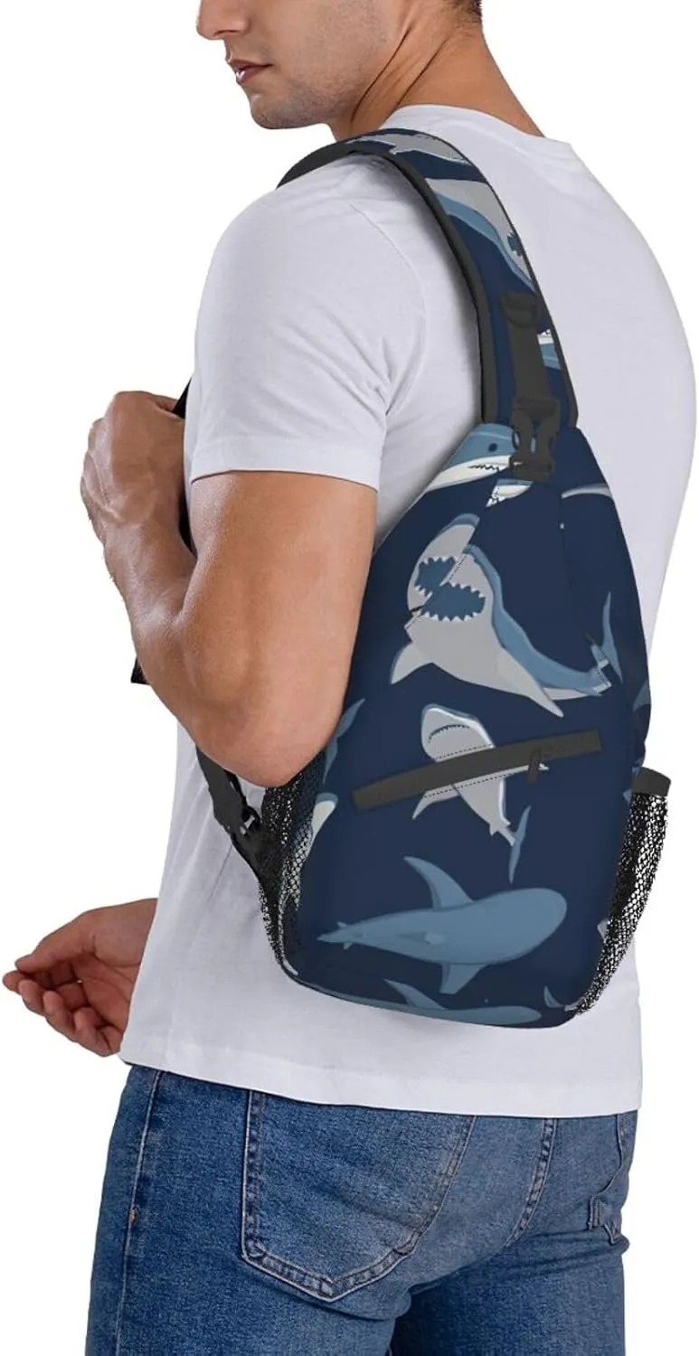 Blue Cartoon Shark Shoulder Bag Crossbody Backpack Chest Bag Lightweight Sling Daypackstravel Hiking Cycling For Men Women