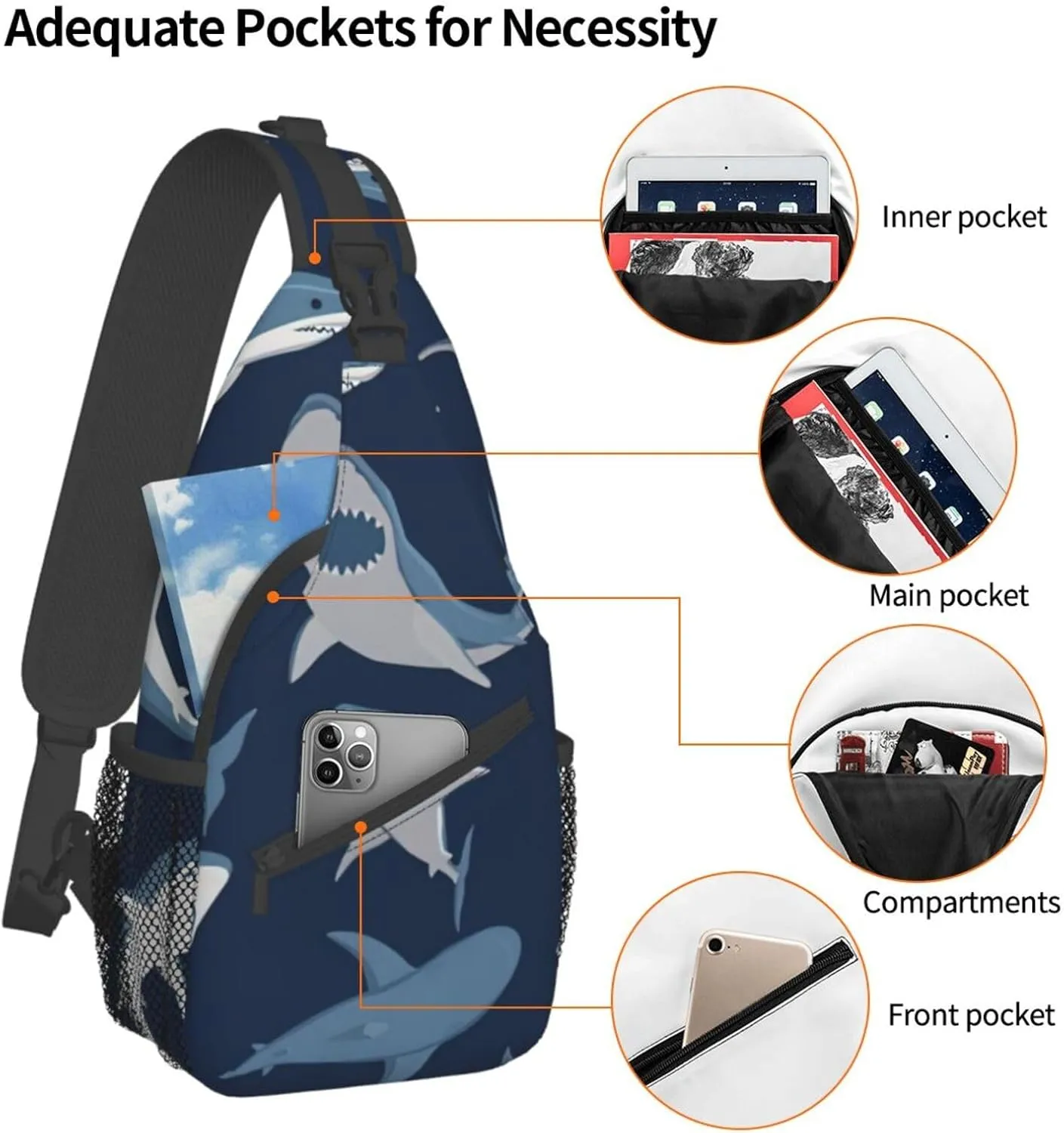 Blue Cartoon Shark Shoulder Bag Crossbody Backpack Chest Bag Lightweight Sling Daypackstravel Hiking Cycling For Men Women