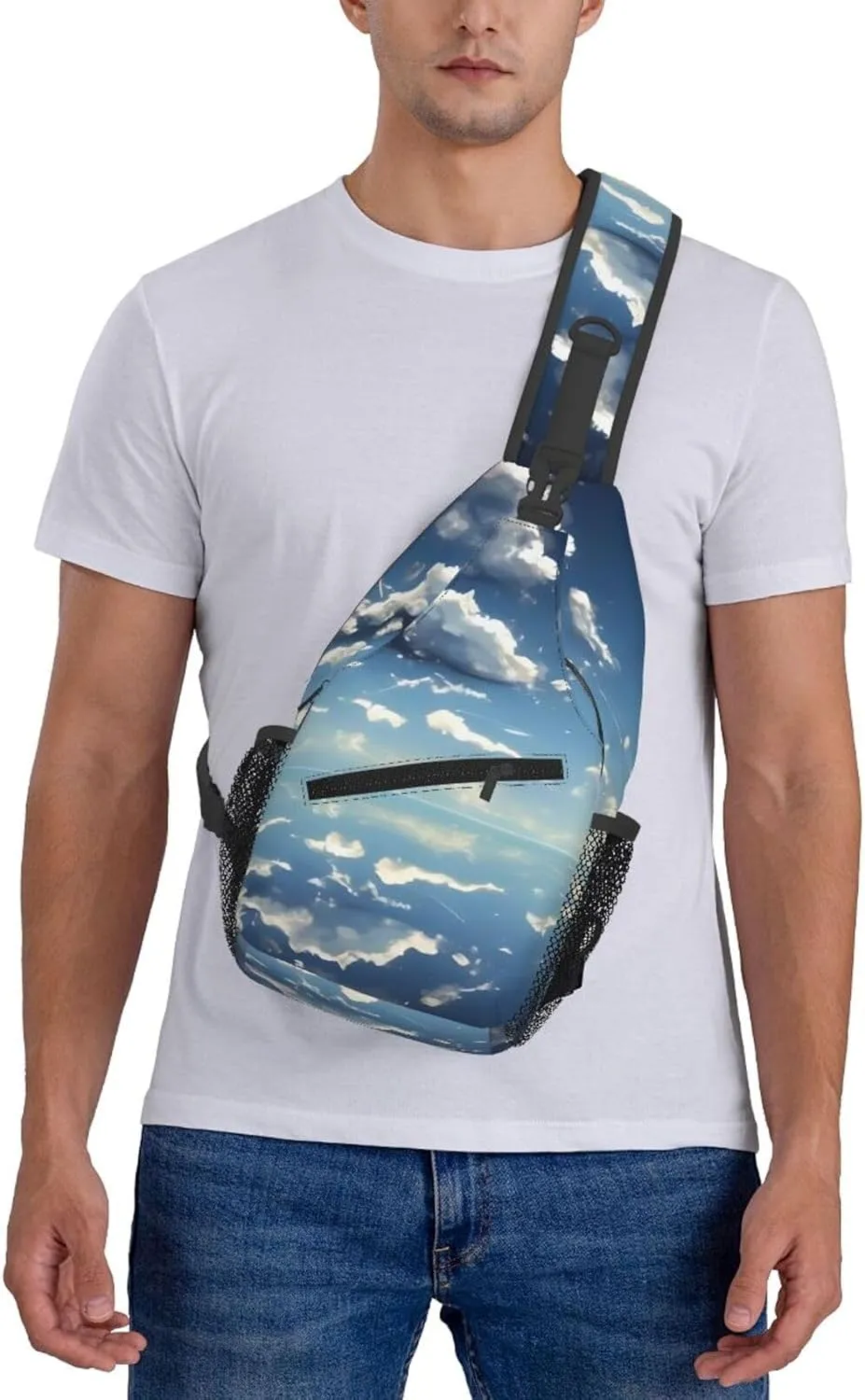 Blue sky and white clouds Print Men's Cross Chest Bag Diagonally, Cute Crossbody Shoulder Backpack, 7.5" L x 3.5" W x 15.3" H
