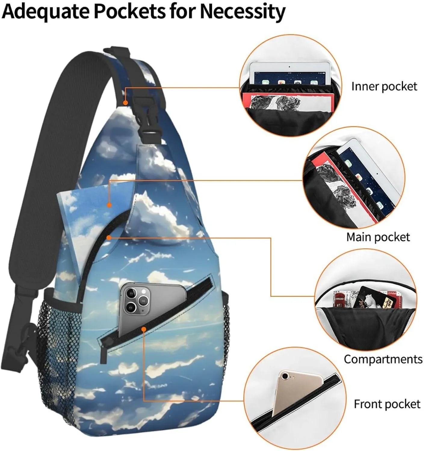 Blue sky and white clouds Print Men's Cross Chest Bag Diagonally, Cute Crossbody Shoulder Backpack, 7.5" L x 3.5" W x 15.3" H