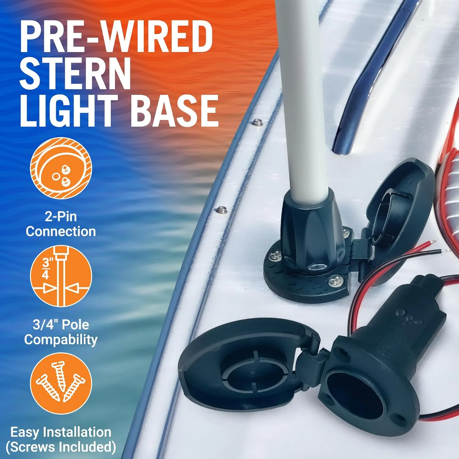 Boat Stern Light Base, Navigation and Anchor Light Base Socket, 2-Pin Plug for Stern Lights, Vertical Slot Design for Boats
