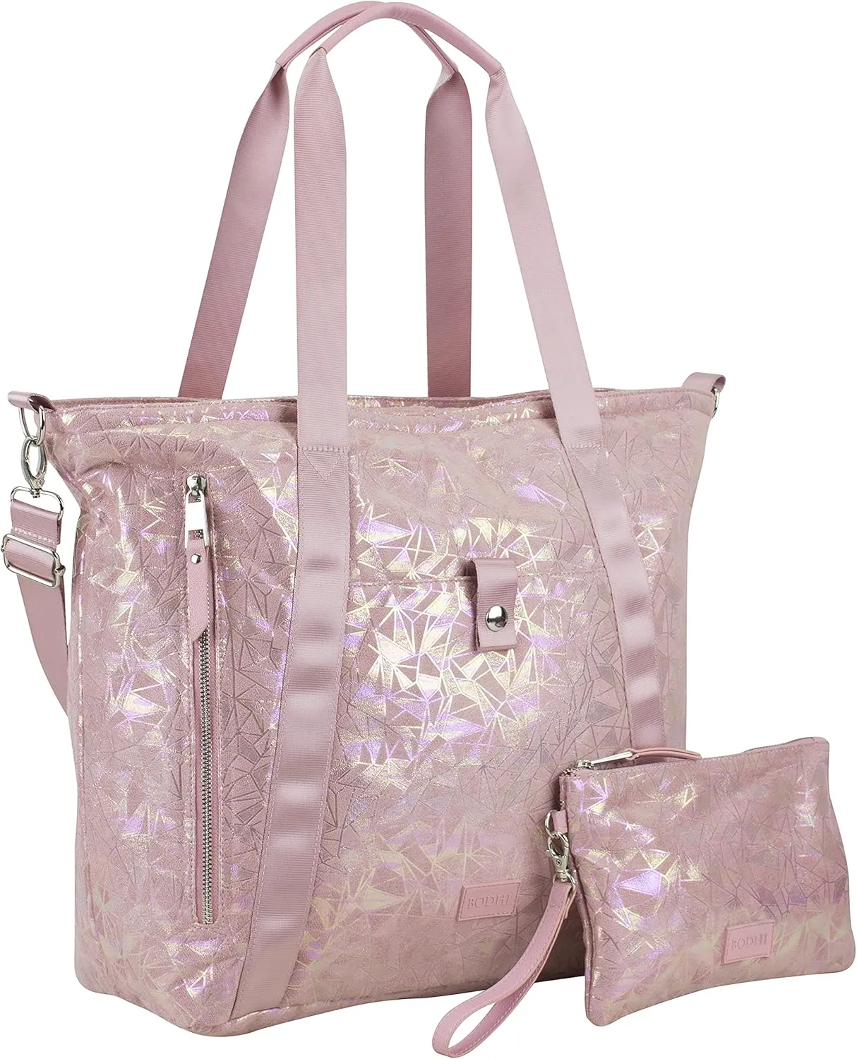 BODHI Township Tote with Removable Zipper Wristlet and Adjustable Crossbody Strap-Pink Geo