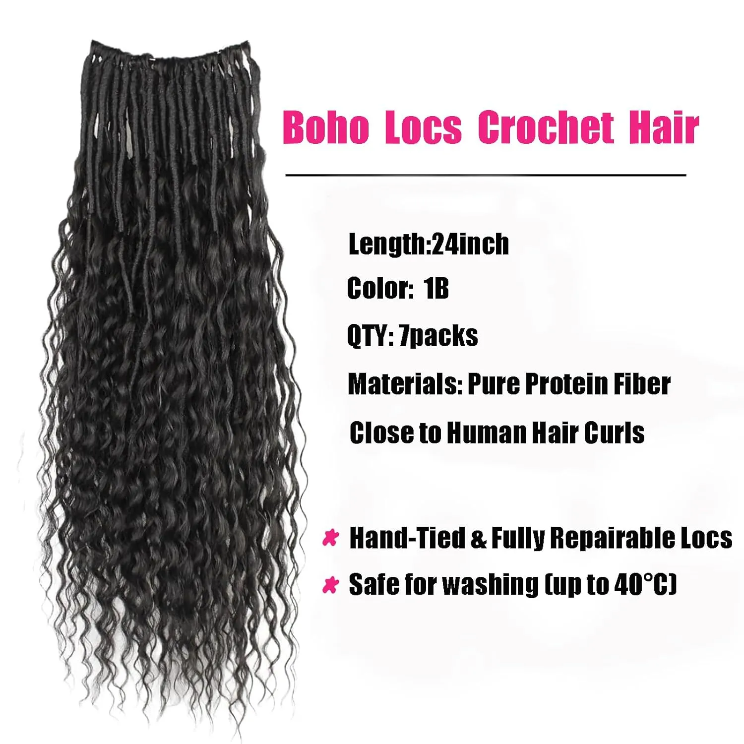 Boho Faux Locs With Curly Pure Protein Fiber Close to Human Hair Curls 24 Inch Pre-Looped Crochet Goddess Faux Locs Bohemian Loc Crochet Hair For Women(24Inch 1B)