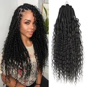 Boho Faux Locs With Curly Pure Protein Fiber Close to Human Hair Curls 24 Inch Pre-Looped Crochet Goddess Faux Locs Bohemian Loc Crochet Hair For Women(24Inch 1B)